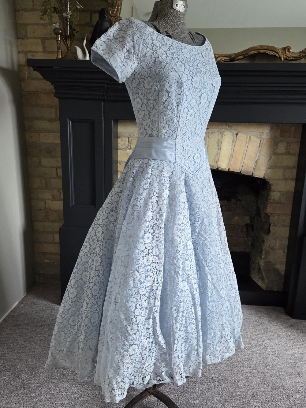 1950s Rockabilly Powder Blue satin and Lace Crinoline Dress
